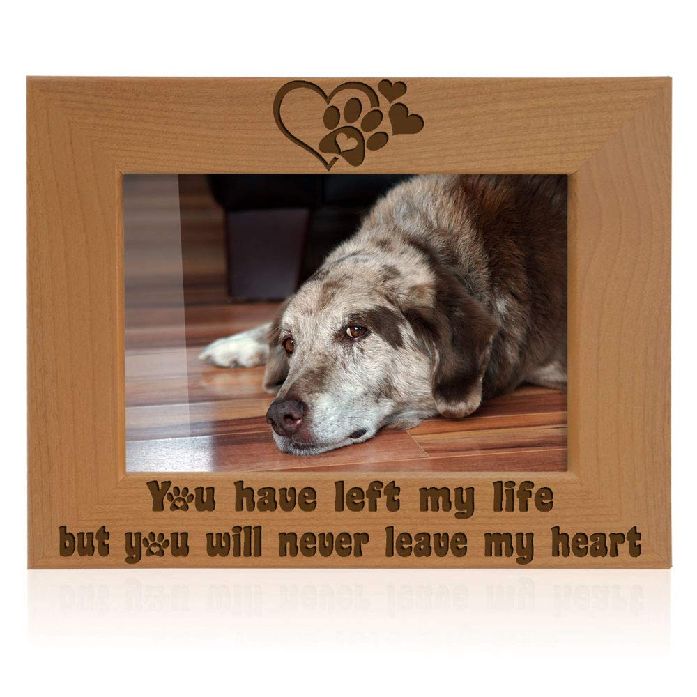 KATE POSH You have left my life, but You will never leave my heart Natural Wood Engraved Picture Frame, Paw prints on my Heart Memorial Gifts for Cat or Dog, Pet Sympathy Memory Gift (4x6 Horizontal)
