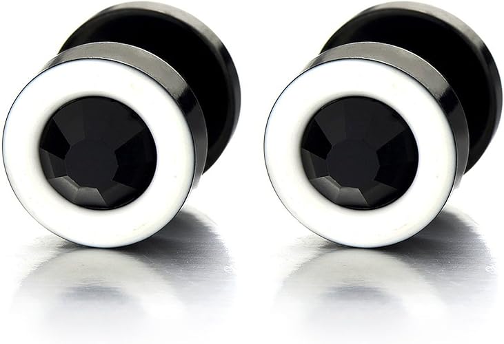 Steel Illusion Tunnel Fake Ear Plugs Gauges 10mm Mens Black Stud Earrings with Spike Cubic