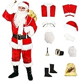 DOBGOMN 11Pcs Christmas Santa Claus Costume for Men Adult Deluxe Velvet Red Santa Suit Xmas Holiday Party Cosplay Outfit