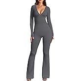 OQQ Women Jumpsuits Long Sleeve Deep V Neck Ruched Flared Jumpsuit