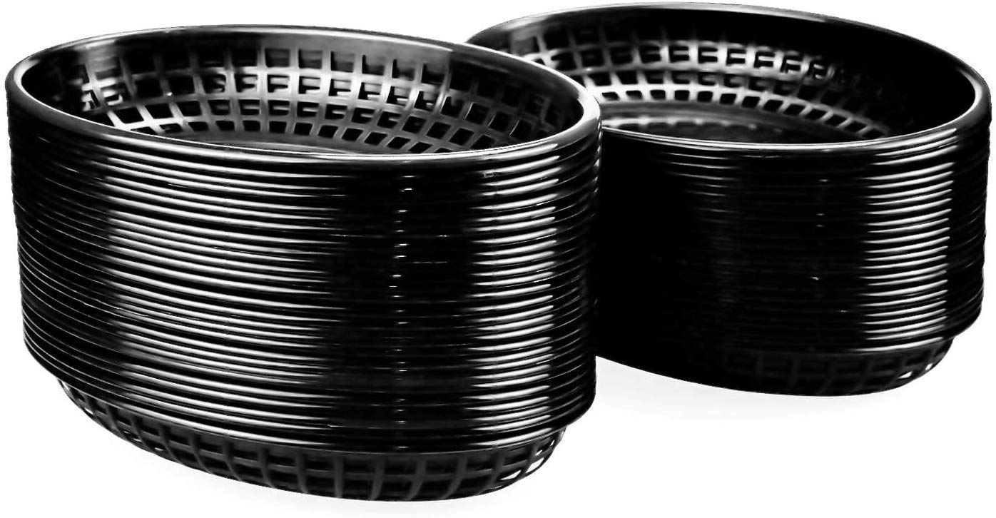 Lawei 50 Pack Oval Food Basket Plastic Diner Fast Food Basket for Fries Chip Sandwiches Burgers Picnics BBQ Party, Black