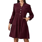 Jayscreate Women's 2025 Long Sleeve Corduroy Dress Above Knee A-Line V Neck Fall Winter Short Work Dress