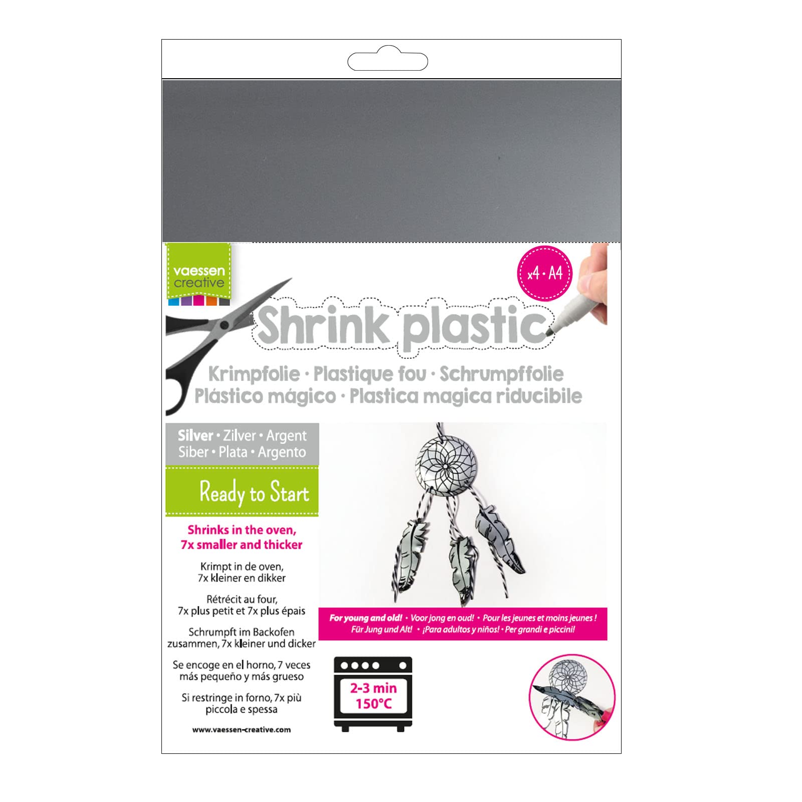 Vaessen Creative Shrink Plastic, Silver, 4 Sheets, 21 x 30 cm, Fun Arts and Crafts Projects for All Ages,AR3-109