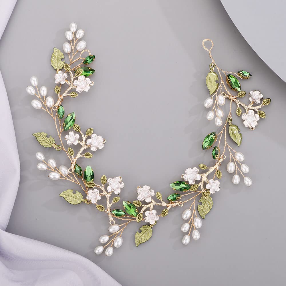 Bride Green Rhinestone Leaf Headband Wedding Flower Pearl  display picture 2