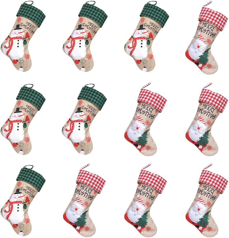 Stockings & Holders - Vanteriam 12 Pack Christmas Mini Stockings, 9 Inch Xmas Stockings with Burlap Check Plaid Cuff for Christmas Decoration or Home Décor
