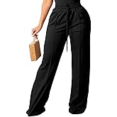 PINSV Women's Casual Wide Leg Pants High Waisted Drawstring Baggy Sweatpants Elastic Straight Leg Lounge Pants