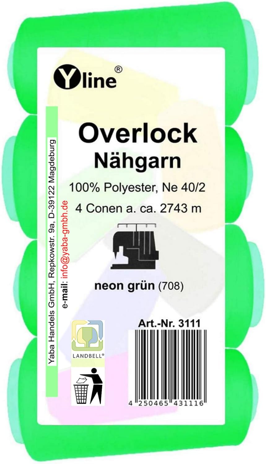 4 spools overlock sewing thread, neon green, a. 2743 m, NE 40/2, 100% polyester, sewing thread, sewing machine yarn, 3111