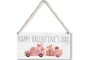 YCYD Romantic Happy Valentine's Day Wood Sign Rustic Pink Truck Love House Wooden Hanging Plaque for Home Living Room Bedroom Wall Art Decoration 6 x 12 Inches Present
