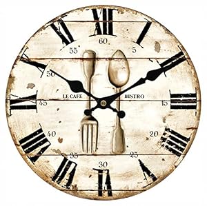 Image of Upuptop Vintage Retro Style Spoon Fork Bistro Home Kitchen Decorative Wooden Round Wall Clock Restaurant 16inch