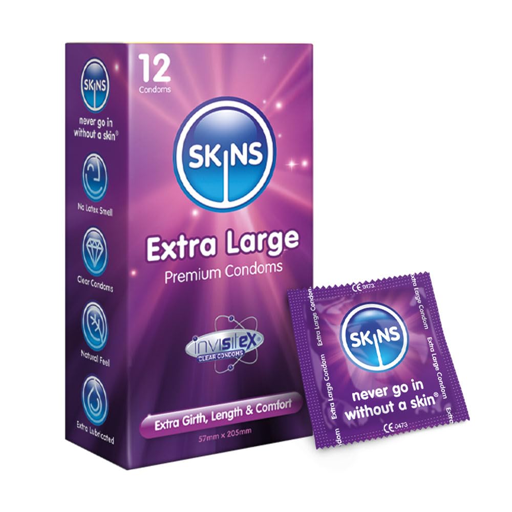 Skins Extra Large XL Condoms – Natural Latex Extra Large Condom; pre lubed for Comfort – 12 Pack