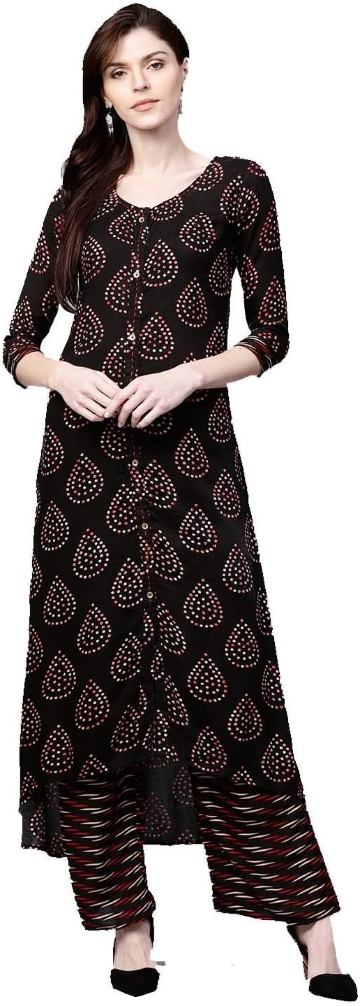Dream Angel Fashion Women Black & Red Printed Round Neck Kurta with Palazzos