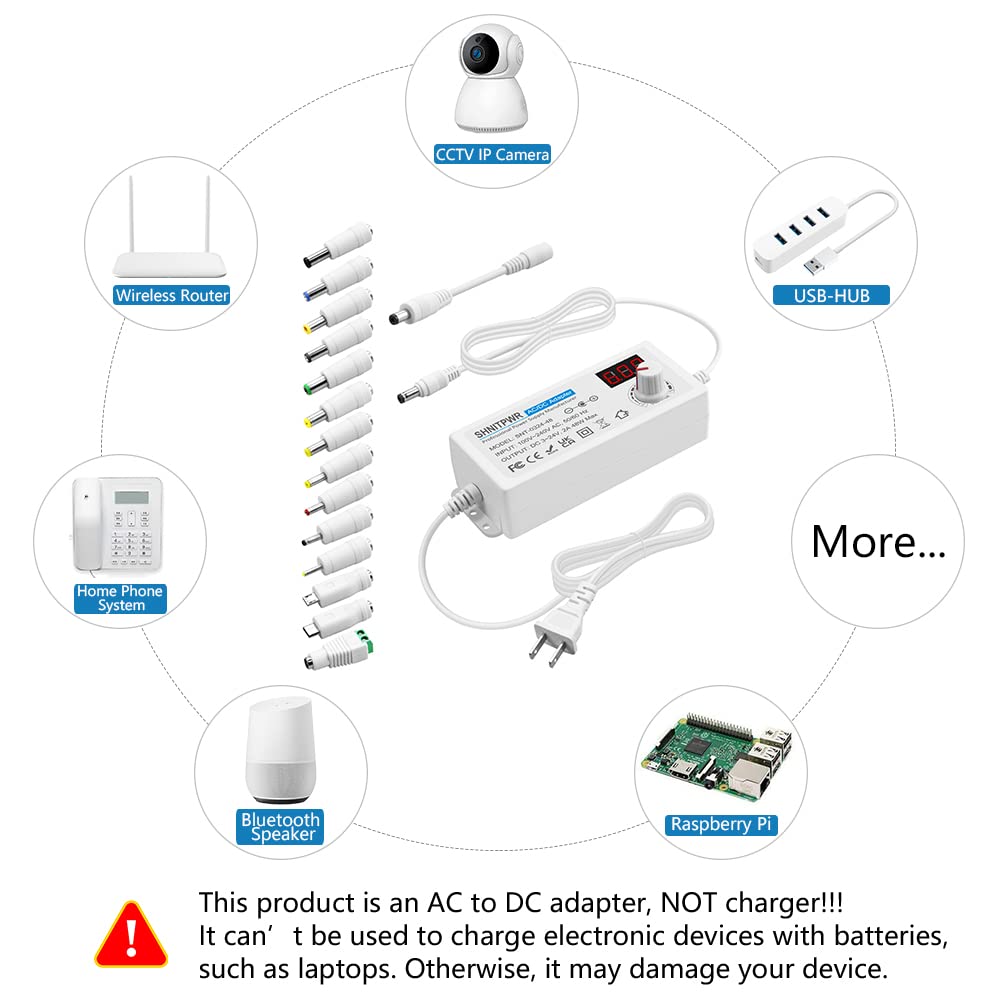 SHNITPWR Universal AC Adapter 3V~24V 2A 48W Adjustable Power Supply 100V-240V AC to DC 3V 5V 6V 9V 12V 15V 18V 19V 20V 24V Multi-Voltage Power Converter with 14 Tips Polarity Converter, White