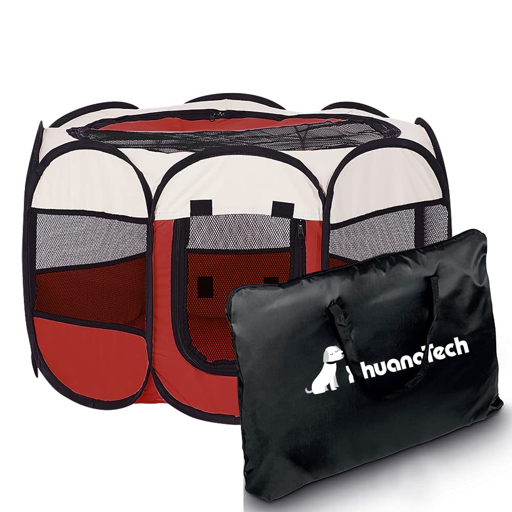 XhuangTech 31.5"x31.5"x23" Soft Fabric Portable Foldable Pet Dog Cat Puppy Playpen, Indoor/Outdoor use Pet Kennel Cage Travel Pet Carrier + Carrying Case (Beige & Red)