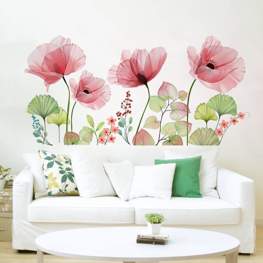Runtoo Poppy Flowers Wall Stickers Floral Leaf Wall Art Decals Living Room Bedroom Nursery Wall Decor, Red Poppies — image 1