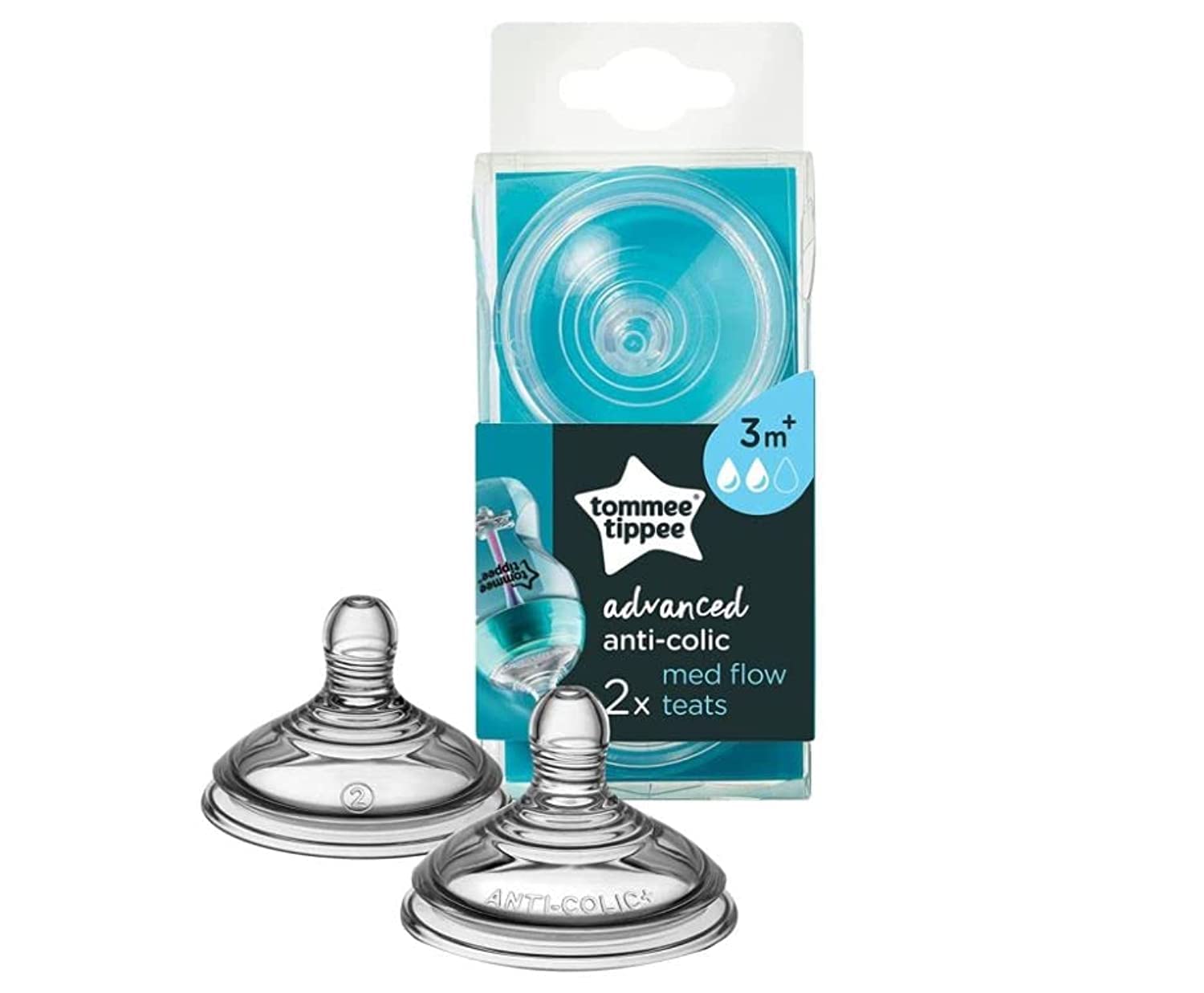 Tommee Tippee Advanced Anti-Colic Baby Bottle Teats, Breast-Like, Soft Silicone, Medium Flow, 3m+, Pack of 2