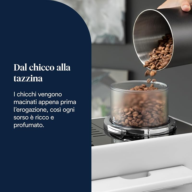 Rivelia Perfetto EXAM440.55.W Macchina da Caffè Automatica, Chicchi Macinati al Momento, Portachicchi Intercambiabile, Caraffa Montalatte Automatica, Display Touch a Colori, 1450W, Bianca