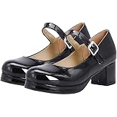 Bellirala Womens Lolita Shoes Patent Leather Mary Jane Platform Chunky Heeled Pumps(Black,US Size 9)