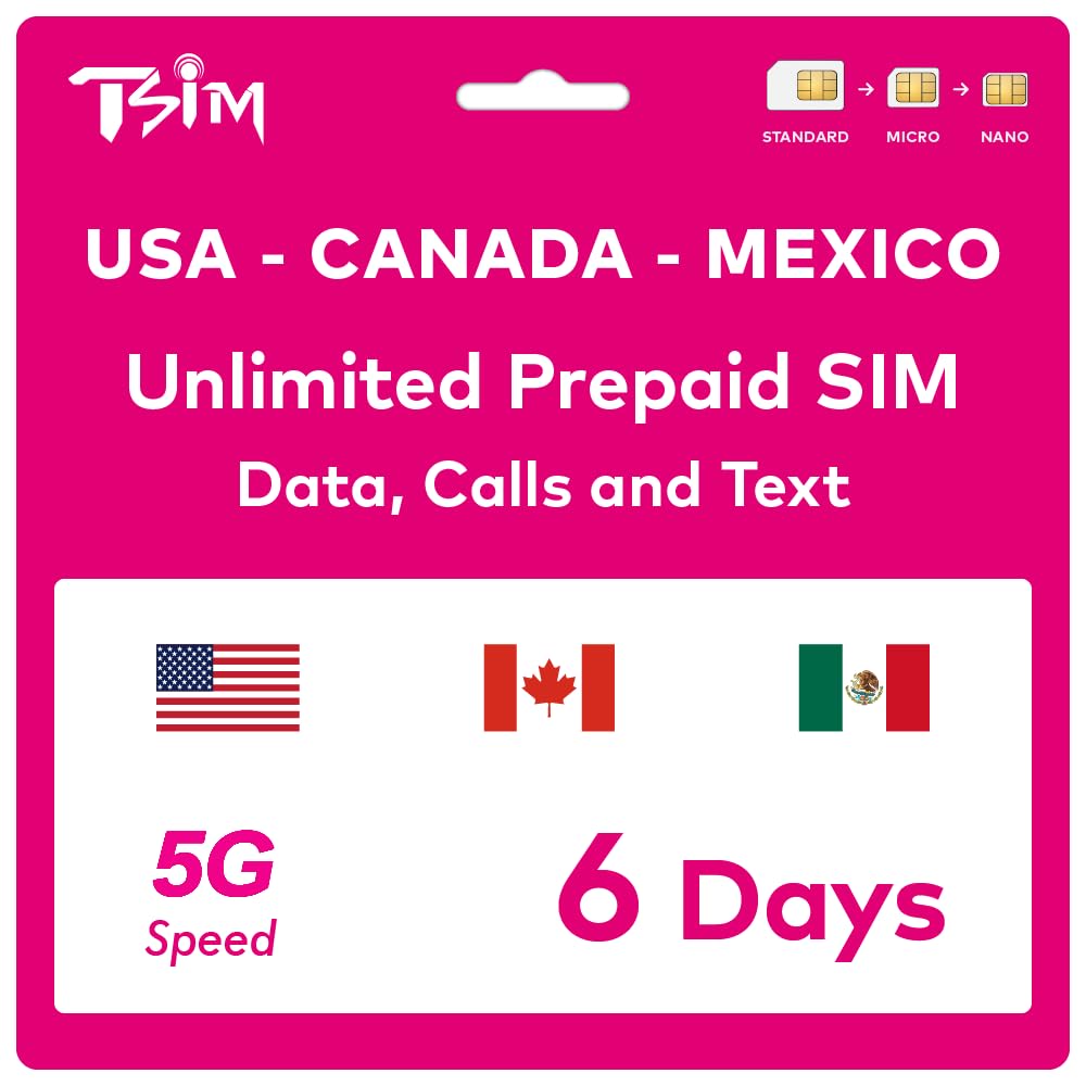 TSIM Prepaid USA SIM Card for 6 Days | Unlimited 4G/5G high-speed data in the USA + 100MB data in Canada and Mexico | Unlimited local calls + free incoming calls & SMS