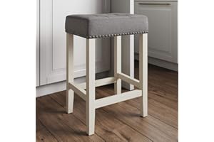 Nathan James Hylie Nailhead Wood Pub-Height Kitchen Counter Bar Stool 24", Tufted Gray/White