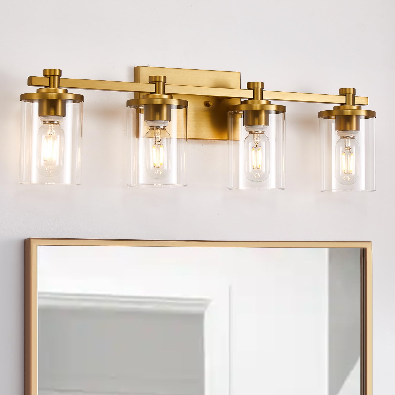 Gold Bathroom Light Fixtures, 4 Light Brushed Gold Bathroom Vanity Light, Bathroom Lights Over Mirror with Clear Glass Shade, Brushed Gold Vanity Lights for Bathroom, Living Room, Kitchen