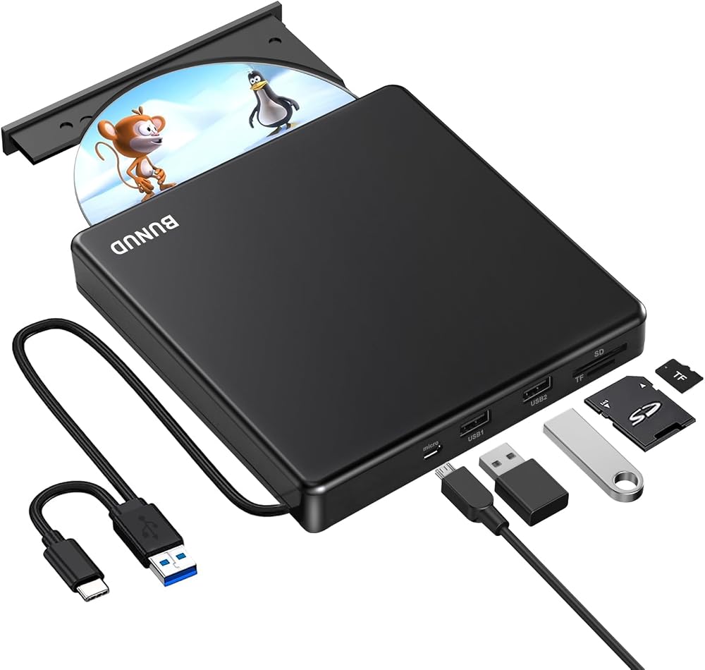 BUNUD USB 3.0 Type-C External CD DVD Drive SD TF USB Ports Burner Writer