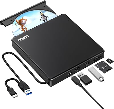 BUNUD USB 3.0 Type-C External CD DVD Drive SD TF USB Ports Burner Writer
