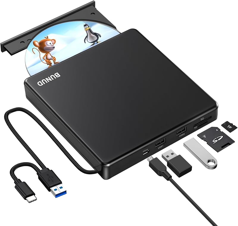 BUNUD USB 3.0 Type-C External CD DVD Drive SD TF USB Ports Burner Writer