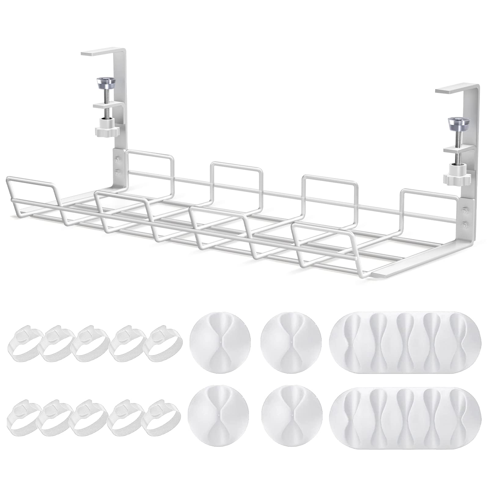 No Drill to Desk Cable Management Tray, 1 PCAK Cable Racks Under Desk Cable Organizer for Wire Management, Sturdy Metal Cable Tray Basket for Office and Home Standing Desk-White