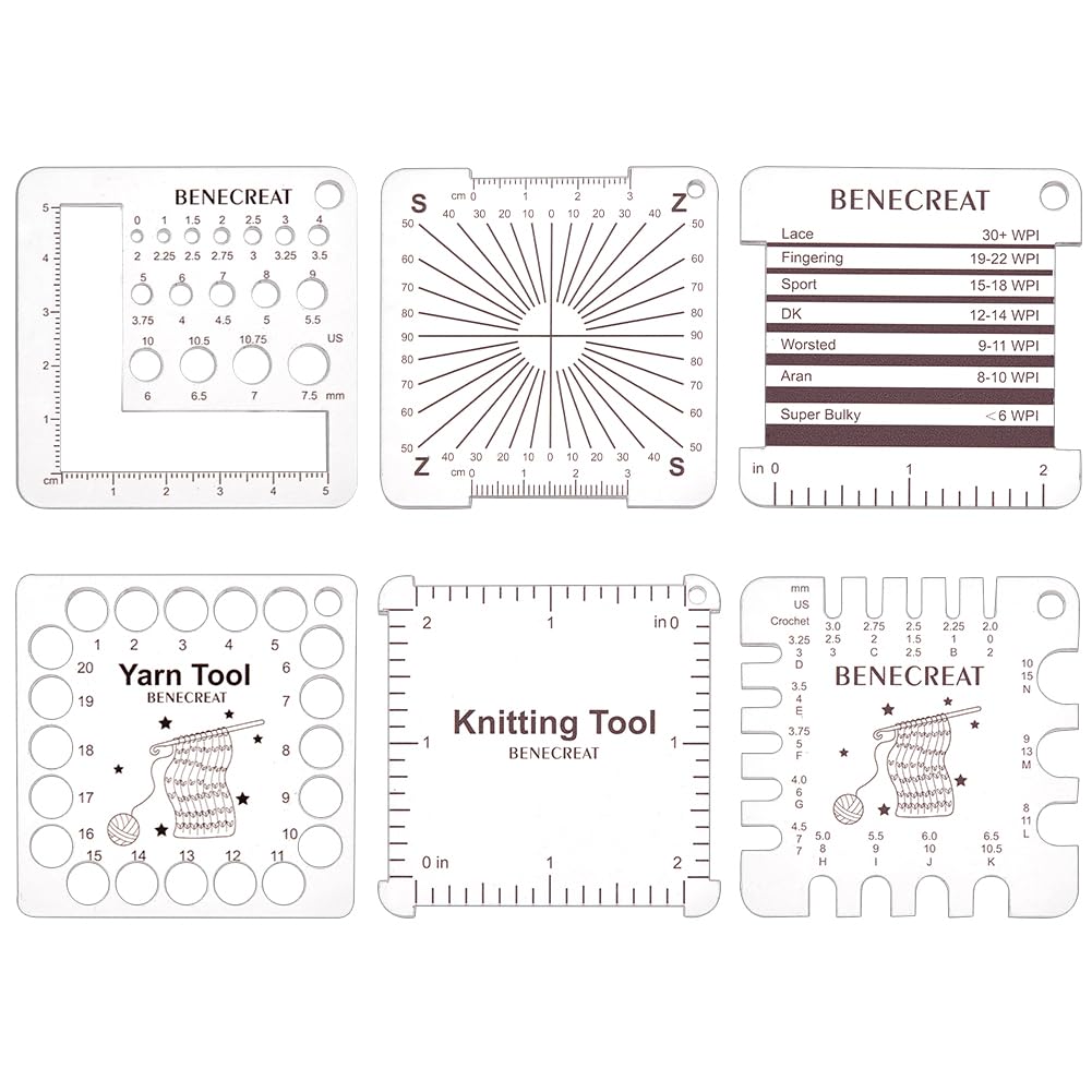 BENECREAT 6-Piece Acrylic Knitting & Crochet Gauge Set - Stitch Counters, Yarn Weight Guides & Hook Sizers for Spinners and Knitters