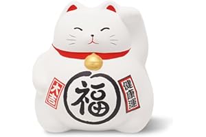 COTONOHA Banko Ware Maneki-Neko Ceramic Piggy Bank - Lucky Cat, Cute and Chubby Traditional Japanese Money Box (White)