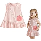 DAVE&BELLA Toddler Girl Summer Dress Baby Girls Solid Sleeveless Playwear Dresses Casual Kids Beach Sundress with Cute Bag