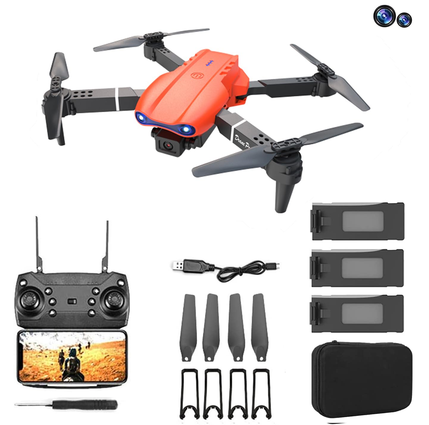 GPS Drone E99 Pro for Adults Pro Dual Camera Foldable Professional Live Video Drone RC Quadcopter Aircrafts with 2 Extra Batteries (Orange)