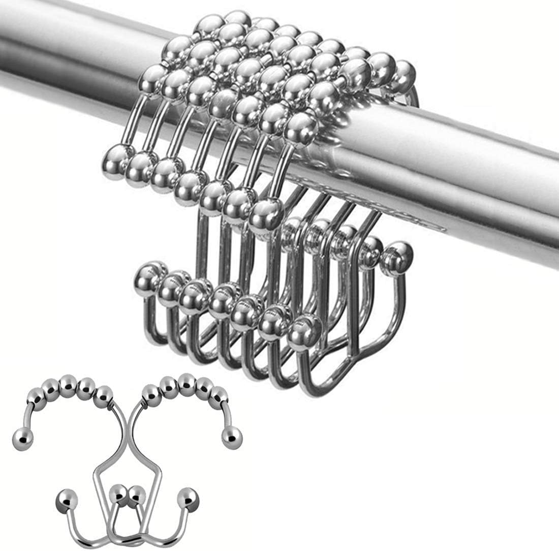 Double Glide Shower Curtain Hooks Rings, Rustproof Metal Heavy Duty Roller for Bathroom Shower Rods Curtains Liners, Polished Shower Curtain Hooks Set of 12(Polished Nickel)