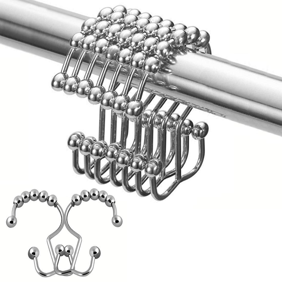 Double Glide Shower Curtain Hooks Rings, Rustproof Metal Heavy Duty Roller for Bathroom Shower Rods Curtains Liners, Polished Shower Curtain Hooks Set of 12(Polished Nickel)