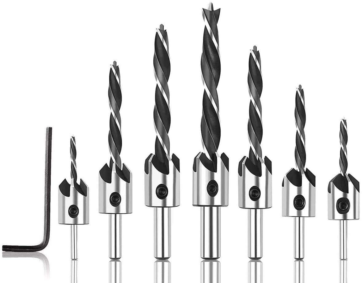 Malayas-Countersink Drill Bits, 7Pcs Woodworking Drill Bits Set, Woodworking Chamfer, Three-Pointed High-Speed Steel Drill, with One Free Hex Key Perfect for Wood