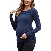 SWEETBUMP Maternity Long Sleeve Tops for Women Pleated Crewneck Pregnancy Shirts Dressy Work Blouses Trendy Basic Tunic