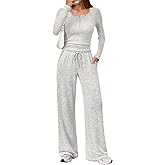 Trendy Queen Women's 2 Piece Matching Lounge Sets Fall Fashion Outfits Henley Neck Sweater Top Wide Leg Pants Sweat Suits