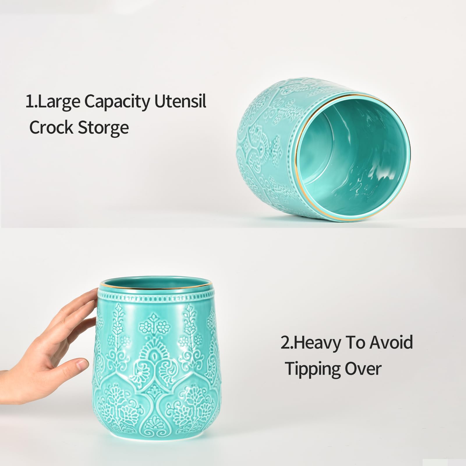 Lunaicorn Utensil Holder, Large Utensil Holder for Kitchen Counter, 6.5”Ceramic Cooking Utensil Organizer, Kitchen Decor for Counter (Turquoise)