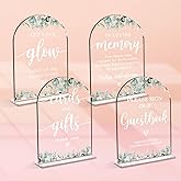 4 Pcs Acrylic Wedding Signs for Reception, Bridal Shower Decorations, Cards and Gifts Signs, Guest Book Sign, Arch Acrylic Table Top Sign with Holder for Wedding Reception (Clear Eucalyptus Leaves)
