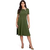 London Times Women's Asymmetrical Neck Short Sleeve Fit & Flare Professional Work Dresses for Wedding Guests