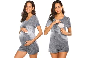 Ekouaer Labor/Delivery/Maternity Pajamas Set for Hospital and Home, Basic Nursing Shirt, Adjustable Size Pregnancy Shorts