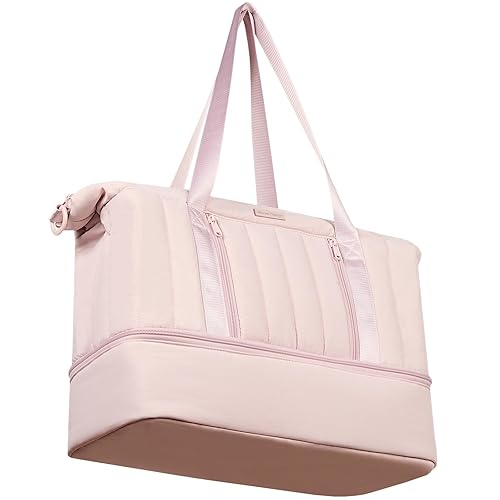 NISHEL Weekender Duffle Bag, Double-Layer Carry On Personal Item Overnight duffle bag, Large Capacity Travel Bag with Separate Shoe Compartment, Pink