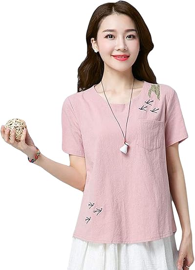 Amazon Debangni 綿 Tシャツ ブラウス 半袖 レディース 夏着 プルオーバー パーカー 無地 刺繍 花柄 丸襟 シンプル トップス ゆったり カジュアル コンフォート きれいめ エレガント Tシャツ カットソー 通販
