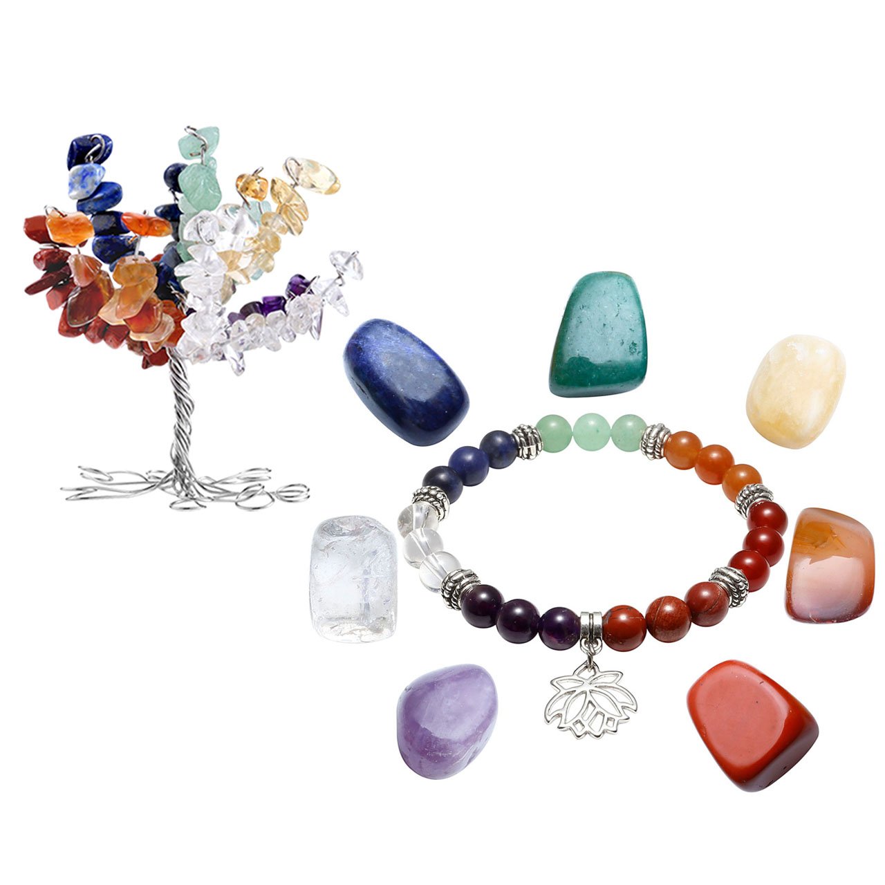 Jovivi 7 Chakra Pierres Naturelles Pierres Bracelet avec Pendentif + Porte-Bonheur Décoration Thérapie Reiki Tibetain Bouddhiste + DIY Arbre de la Vie Feng Shui Maison Bureau Decoration Bibelot #02