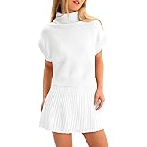 Tankaneo Womens Skirt 2 Piece Sets Sweater Set 2025 Turtleneck Cap Sleeve Crop Top and Pleated Mini Skirt Travel Outfits