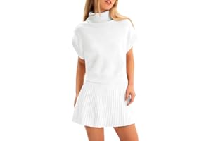Tankaneo Womens Skirt 2 Piece Sets Sweater Set 2025 Turtleneck Cap Sleeve Crop Top and Pleated Mini Skirt Travel Outfits