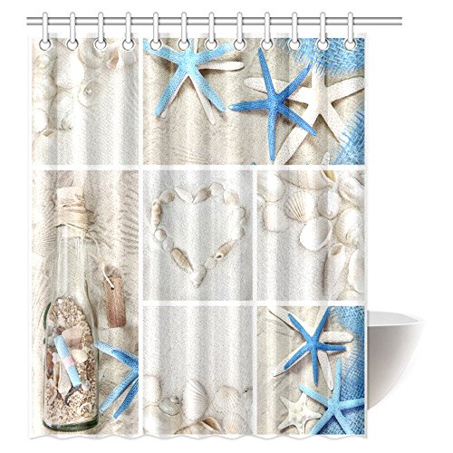 InterestPrint Collage of Summer Seashells Decor Shower Curtain, Seacoast with Sand Colorful Various Seashells and Starfish Tropics Aquatic Wildlife Theme Fabric Bathroom Set with Hooks, 60 X 72 Inches