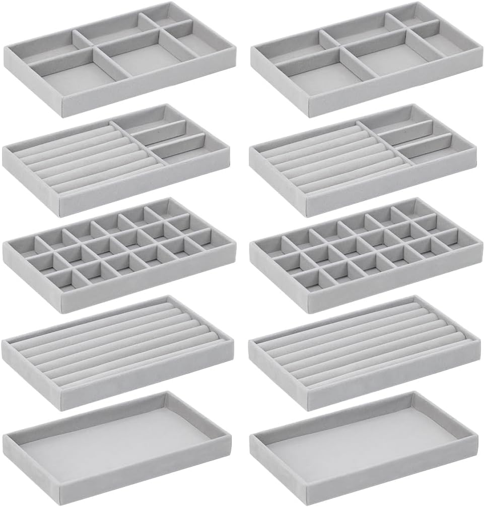 Photo 1 of 10 Pack Jewelry Organizer Tray Drawer Inserts Stackable Velvet Liner Dividers Customizable Jewellery Box Foam Ring Earring Holder Necklace Bracelet Storage Display Dish Flat in Dresser Vanity