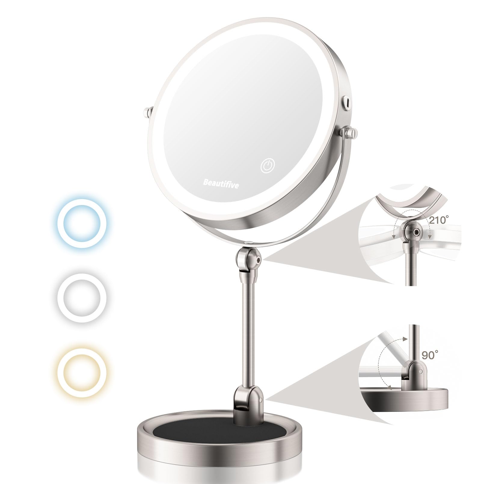 Beautifive Rechargeable Makeup Mirror With Lights, 12X/1X Magnifying, Height Angle Adjustable & 3 Color Dimmable, 360° Rotation Double Sided Light Up