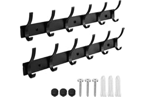 DNTORX Coat Rack Wall Mount, 2 Pack Coat Hooks Hanger Wall Double Hook Rack Rail Towel Hat Rack Entryway Bathroom Hanger Organizer for Robes, Clothes, Bags, Hat(Black)